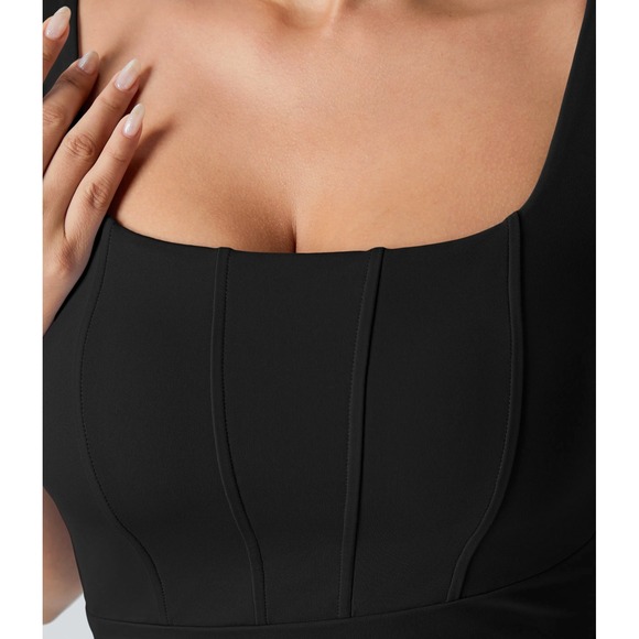 Halara Softlyzero Airy Square Neck Black Ruched Side Slit Midi Dress Corset L - Picture 3 of 8